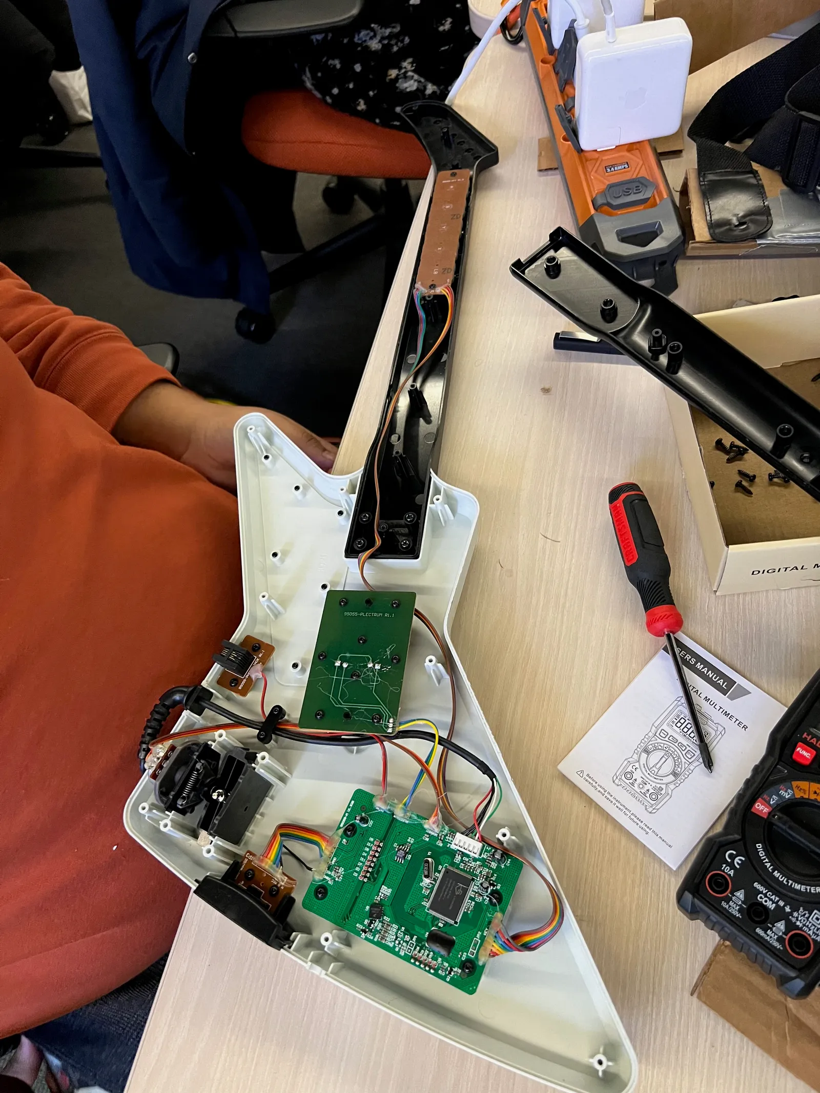   Internals of a guitar hero controller. Much simpler than modern electronics. 