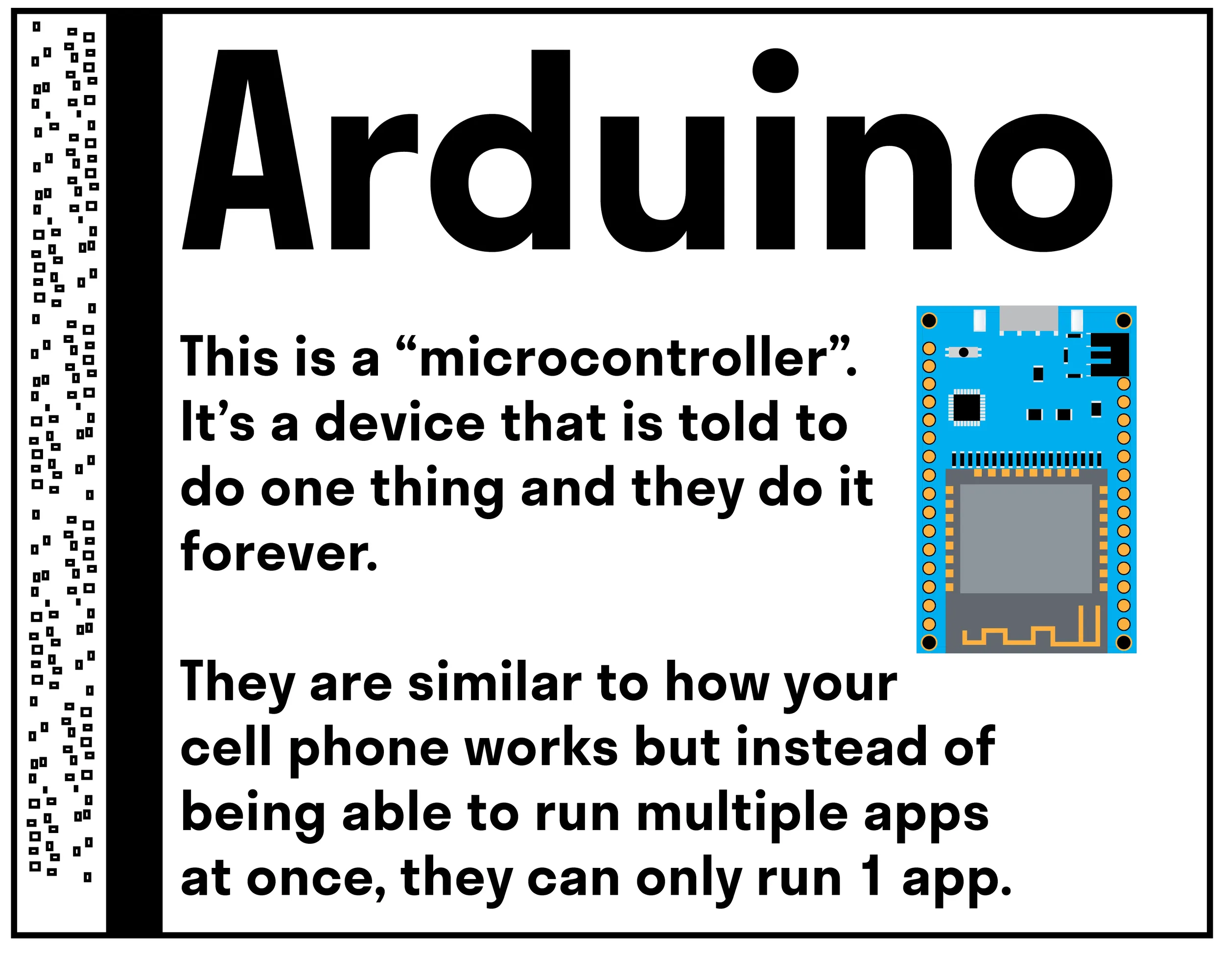 This is a "microcontroller" It's a device that is told to do one thing and they do it forever. They are similar to how your cell phone works but instead of being able to run multiple apps at once, they can only run 1 app.