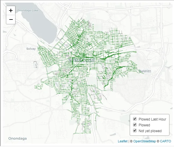 A map of the city of Syracuse with the streets colored of when they were plowed. 
