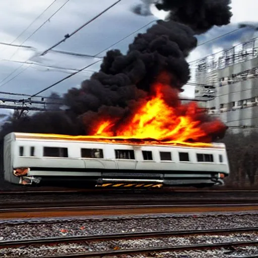 Burning train car going fast on the tracks. 